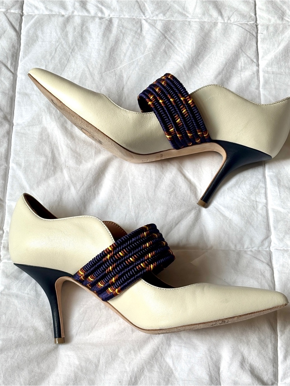 Malone Souliers Cream Maureen Heels with Navy & Gold Braided Strap - EU 37